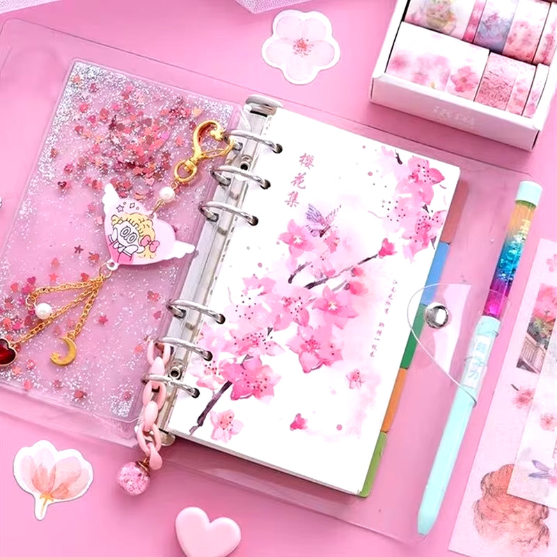 Kawaii Bling Bling Cherry Blossoms A6 Loose Leaf Diary Notebook Set Journal Note Book Agenda Bullet Planner 160 Sheet