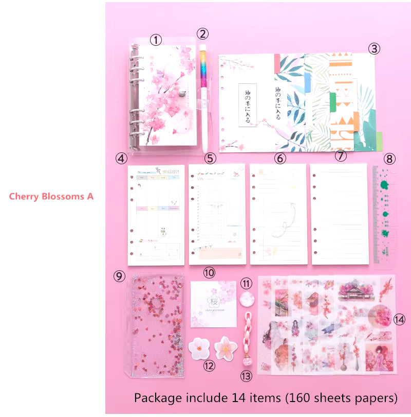 Kawaii Bling Bling Cherry Blossoms A6 Loose Leaf Diary Notebook Set Journal Note Book Agenda Bullet Planner 160 Sheet